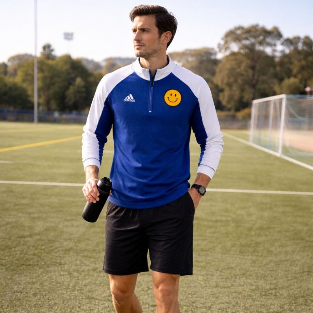 Adidas Men's Blue & White Quarter-Zip Pullover Smiley Patch Size L